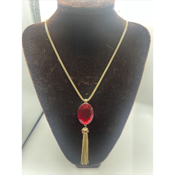 Kim Rogers Gold Tone Red Stone Tassel Long Necklace. - Picture 1 of 10